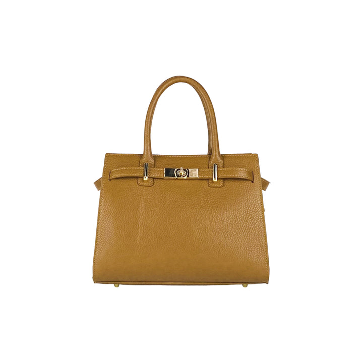 RB1016S | Women's handbag in genuine leather Made in Italy with removable shoulder strap. Attachments with shiny gold metal snap hooks - Cognac color - Dimensions: 28 x 20 x 14 + 12.5 cm-2