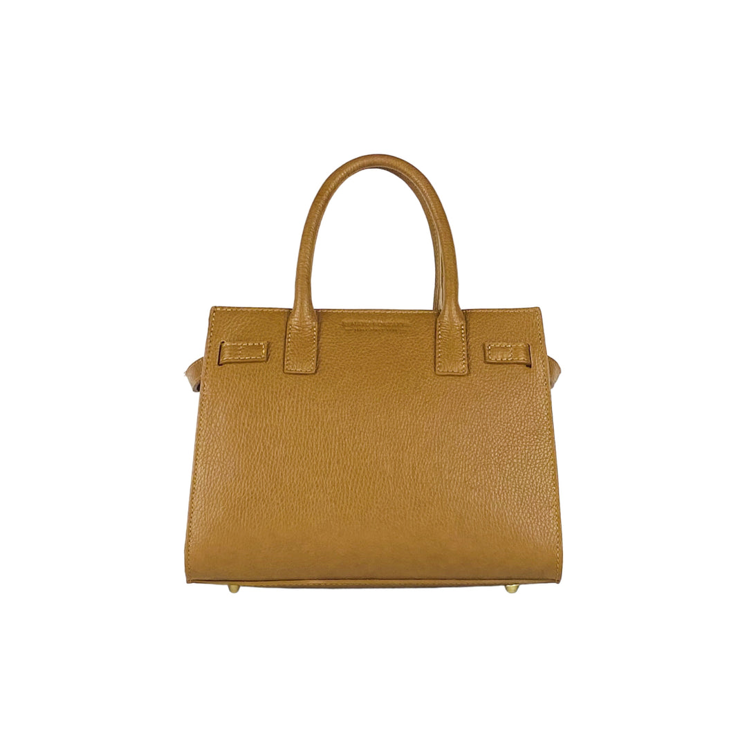 RB1016S | Women's handbag in genuine leather Made in Italy with removable shoulder strap. Attachments with shiny gold metal snap hooks - Cognac color - Dimensions: 28 x 20 x 14 + 12.5 cm-3