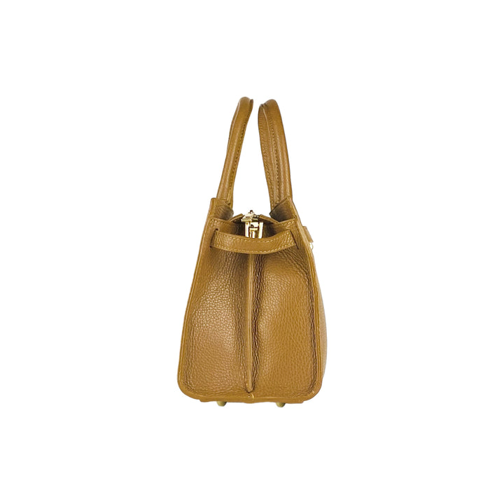 RB1016S | Women's handbag in genuine leather Made in Italy with removable shoulder strap. Attachments with shiny gold metal snap hooks - Cognac color - Dimensions: 28 x 20 x 14 + 12.5 cm-4