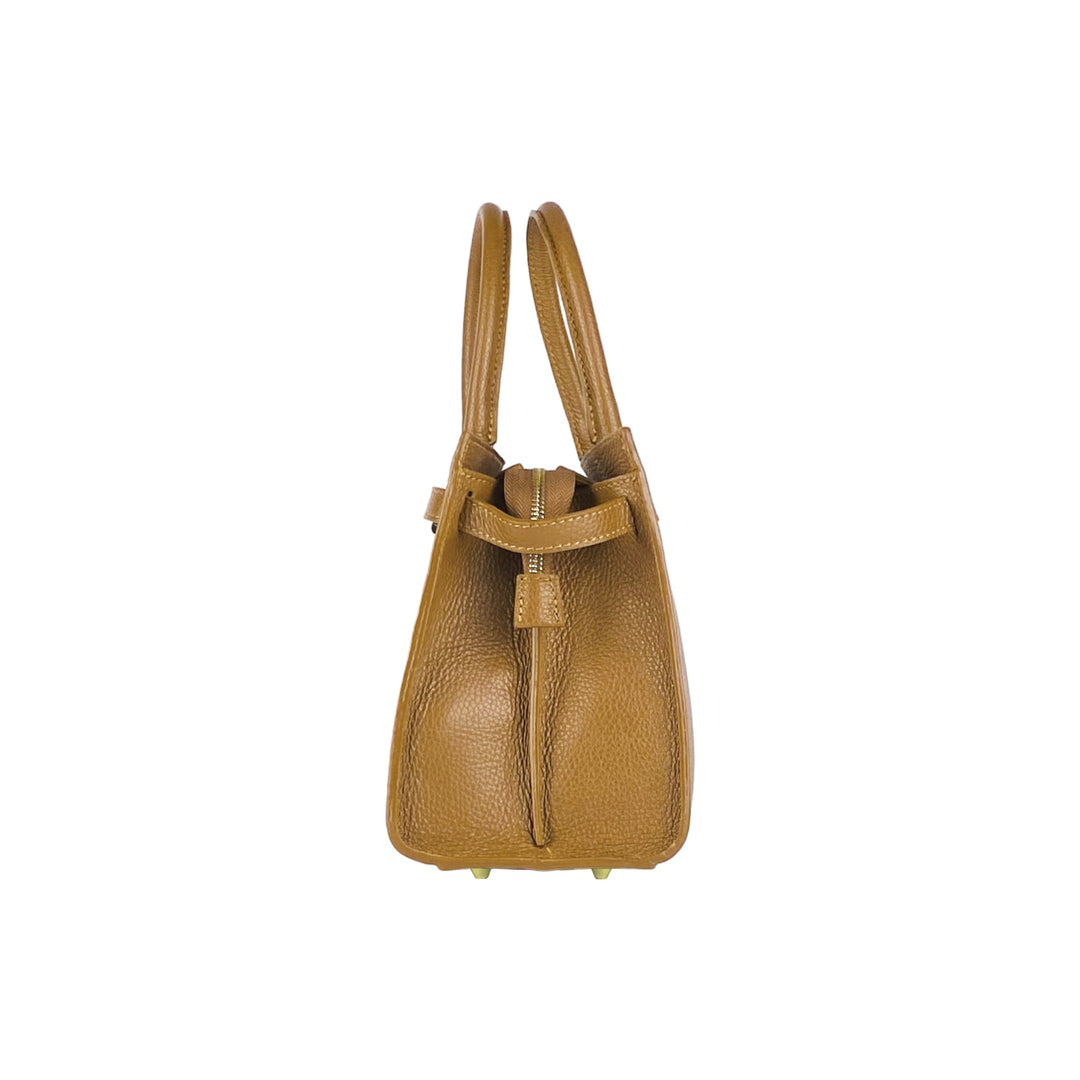 RB1016S | Women's handbag in genuine leather Made in Italy with removable shoulder strap. Attachments with shiny gold metal snap hooks - Cognac color - Dimensions: 28 x 20 x 14 + 12.5 cm-5