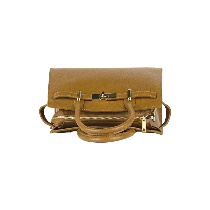 RB1016S | Women's handbag in genuine leather Made in Italy with removable shoulder strap. Attachments with shiny gold metal snap hooks - Cognac color - Dimensions: 28 x 20 x 14 + 12.5 cm-6