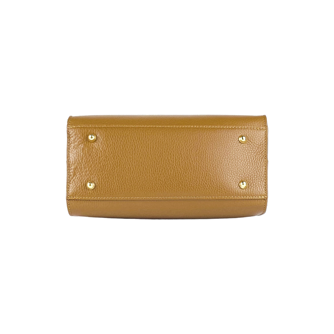 RB1016S | Women's handbag in genuine leather Made in Italy with removable shoulder strap. Attachments with shiny gold metal snap hooks - Cognac color - Dimensions: 28 x 20 x 14 + 12.5 cm-7