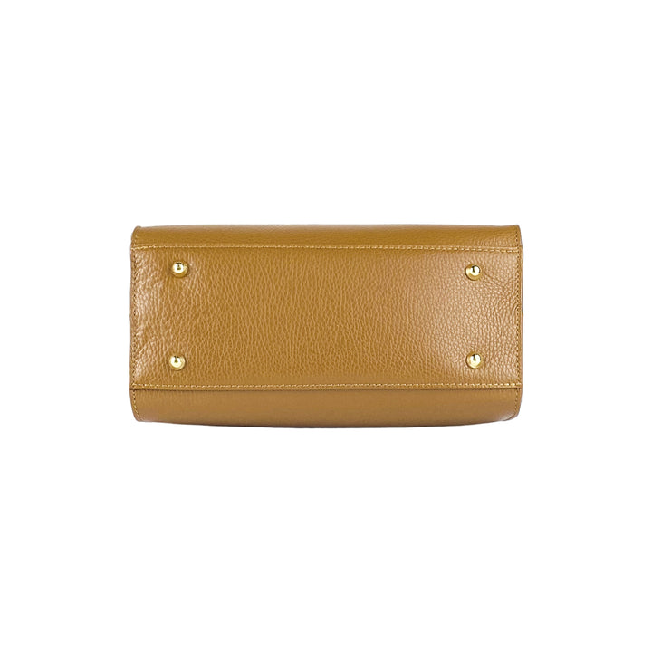 RB1016S | Women's handbag in genuine leather Made in Italy with removable shoulder strap. Attachments with shiny gold metal snap hooks - Cognac color - Dimensions: 28 x 20 x 14 + 12.5 cm-7