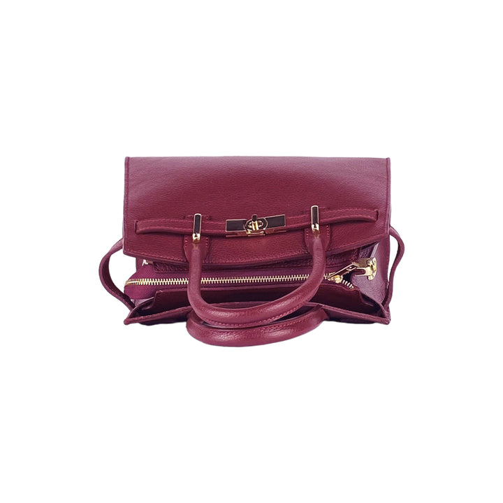 RB1016X | Women's handbag in genuine leather Made in Italy with removable shoulder strap. Attachments with shiny gold metal snap hooks. Bordeaux colour. Dimensions: 28 x 20 x 14 + 12.5 cm-6
