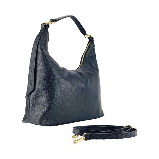 RB1017A | Soft women's shoulder bag in genuine leather Made in Italy with single handle and removable shoulder strap. Attachments with shiny gold metal snap hooks - Black color - Dimensions: 36 x 40 x 13 cm-0