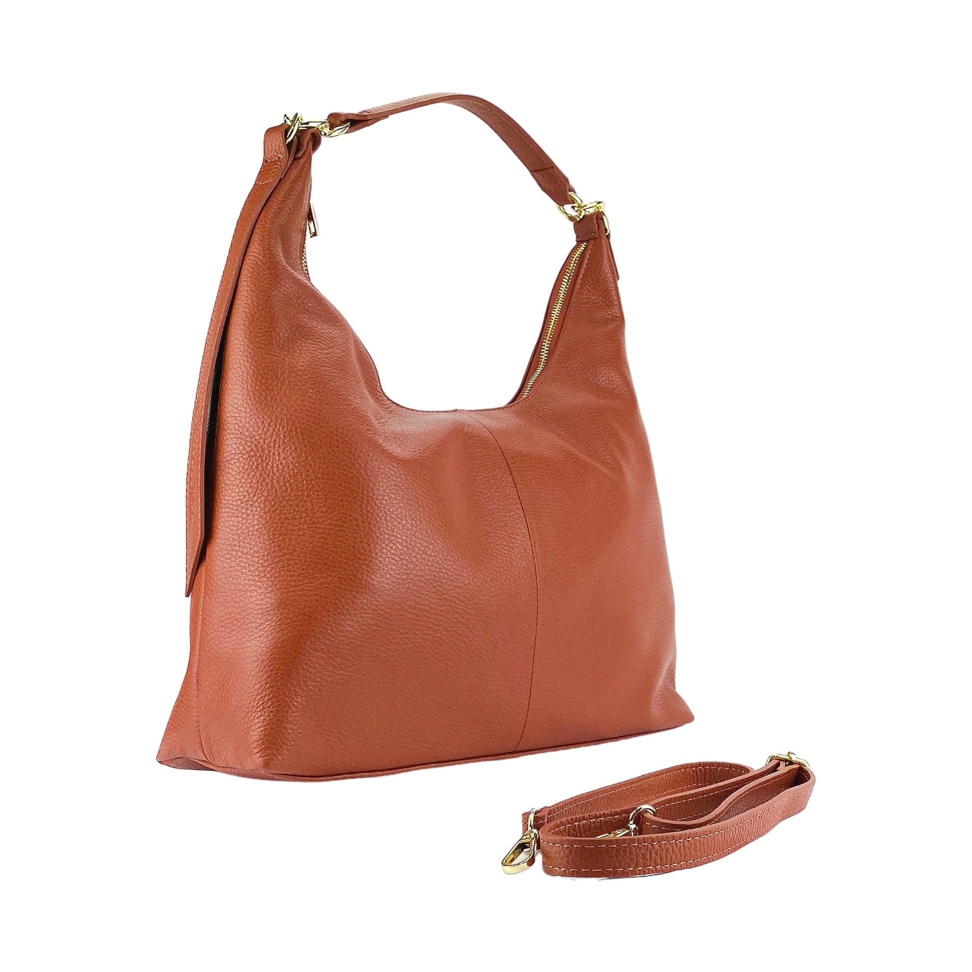 RB1017AM | Soft women's shoulder bag in genuine leather Made in Italy with single handle and removable shoulder strap. Attachments with shiny gold metal snap hooks - Paprika color - Dimensions: 36 x 40 x 13 cm-0