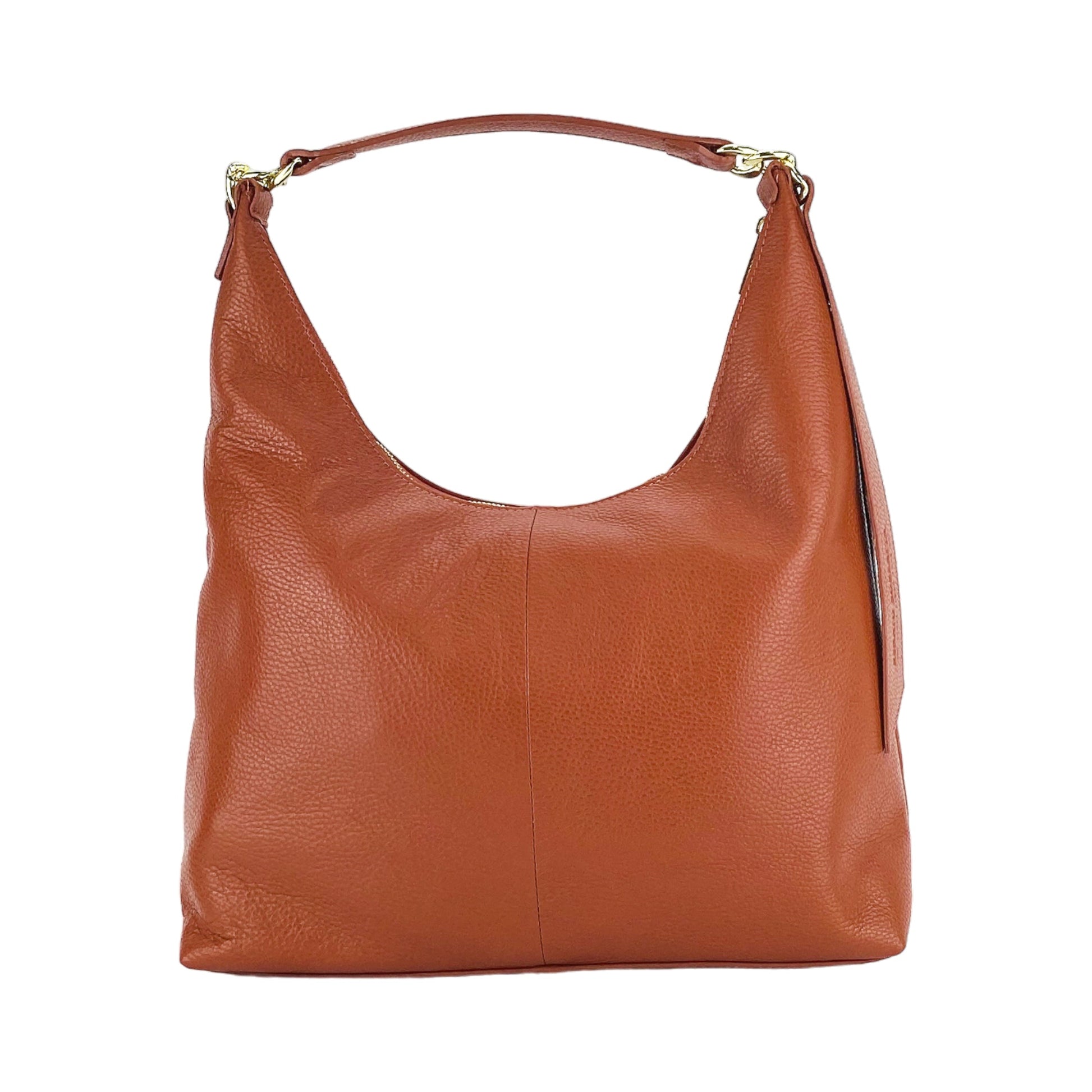 RB1017AM | Soft women's shoulder bag in genuine leather Made in Italy with single handle and removable shoulder strap. Attachments with shiny gold metal snap hooks - Paprika color - Dimensions: 36 x 40 x 13 cm-2