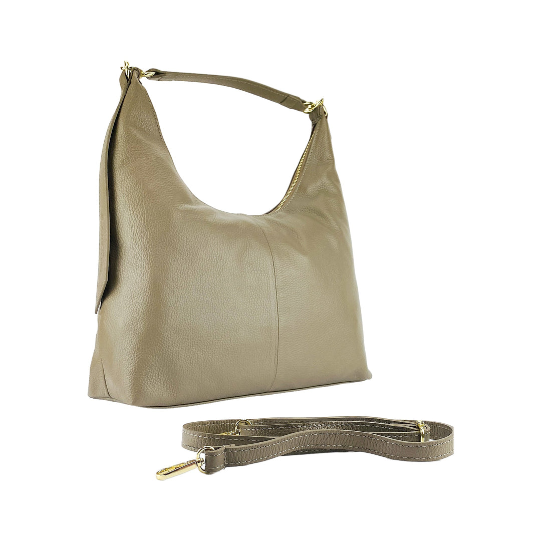 RB1017AQ | Soft women's shoulder bag in genuine leather Made in Italy with single handle and removable shoulder strap. Attachments with shiny gold metal snap hooks - Taupe color - Dimensions: 36 x 40 x 13 cm-0