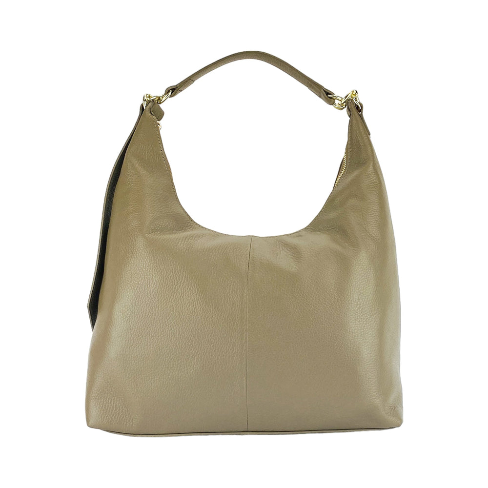 RB1017AQ | Soft women's shoulder bag in genuine leather Made in Italy with single handle and removable shoulder strap. Attachments with shiny gold metal snap hooks - Taupe color - Dimensions: 36 x 40 x 13 cm-1