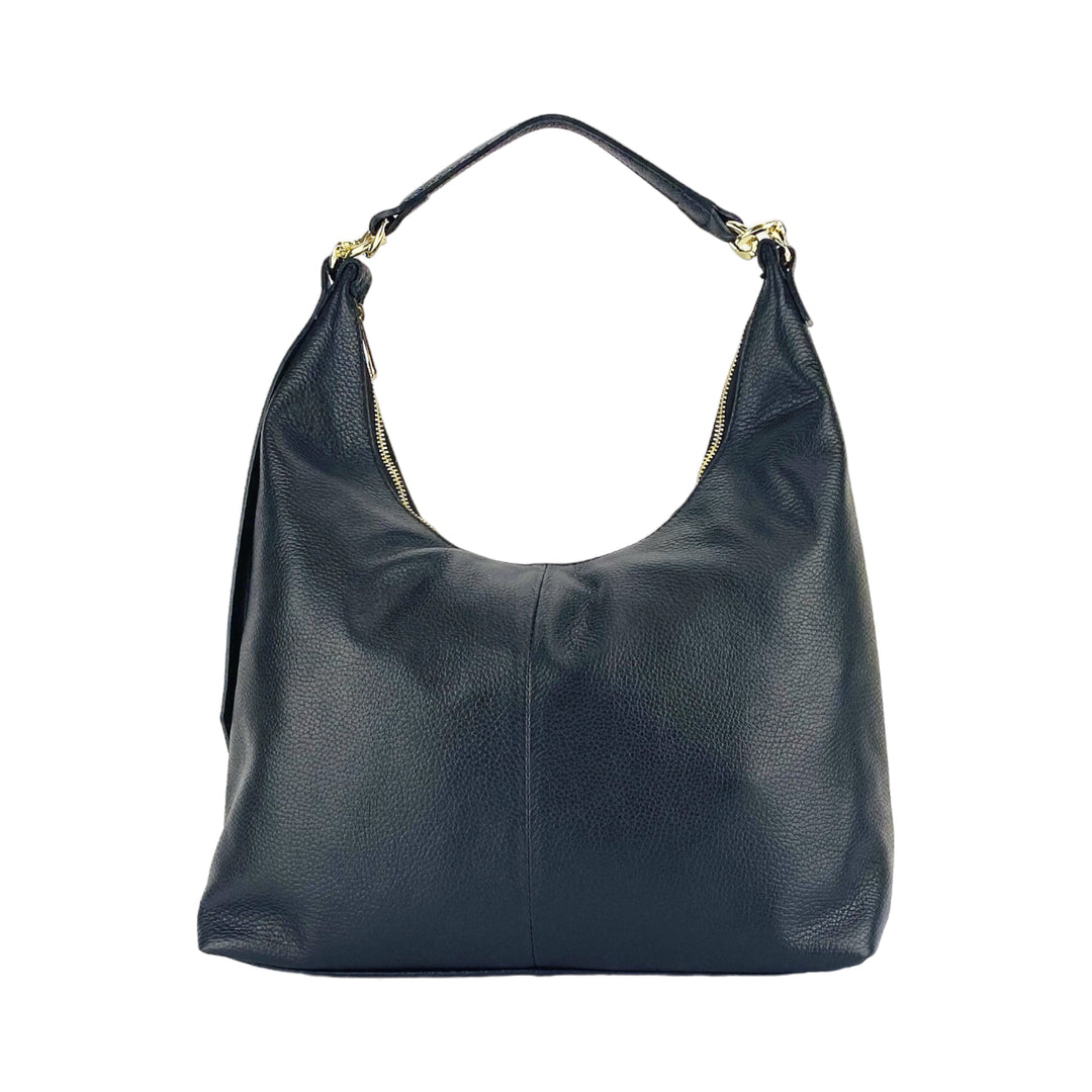 RB1017A | Soft women's shoulder bag in genuine leather Made in Italy with single handle and removable shoulder strap. Attachments with shiny gold metal snap hooks - Black color - Dimensions: 36 x 40 x 13 cm-1
