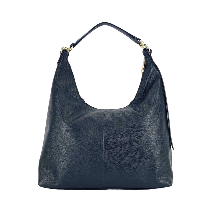 RB1017A | Soft women's shoulder bag in genuine leather Made in Italy with single handle and removable shoulder strap. Attachments with shiny gold metal snap hooks - Black color - Dimensions: 36 x 40 x 13 cm-2