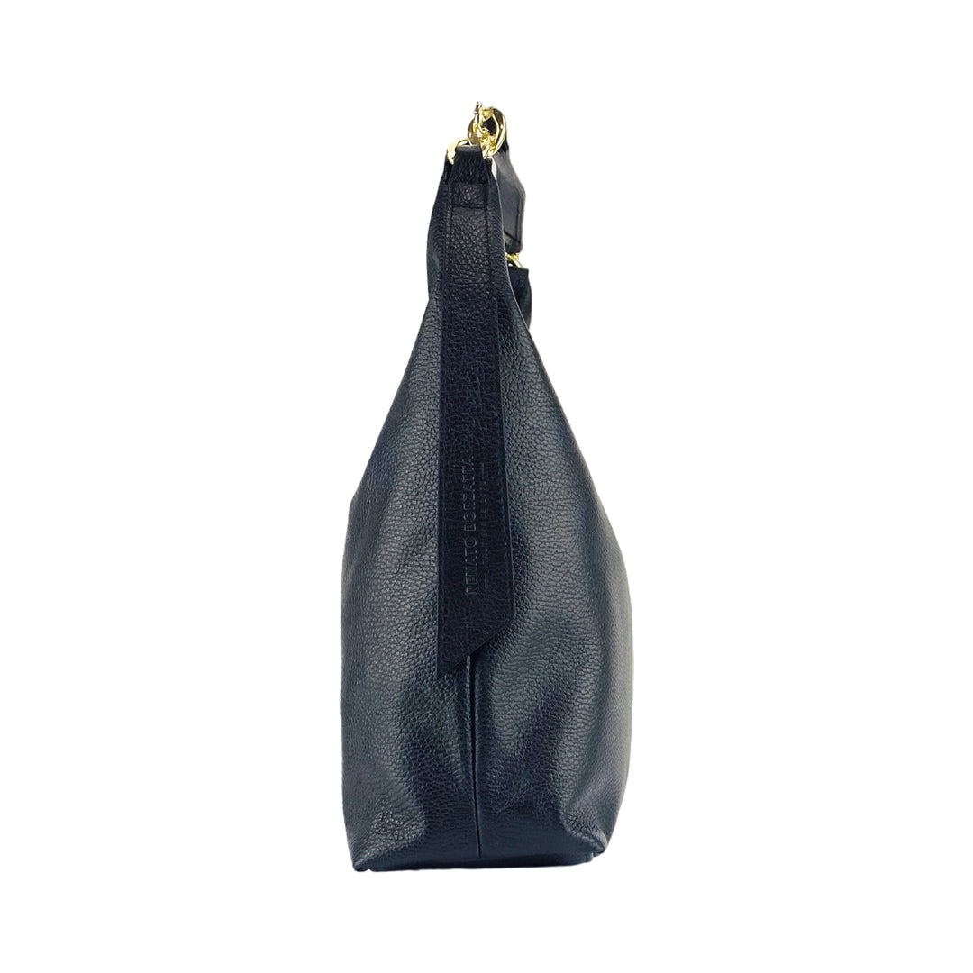 RB1017A | Soft women's shoulder bag in genuine leather Made in Italy with single handle and removable shoulder strap. Attachments with shiny gold metal snap hooks - Black color - Dimensions: 36 x 40 x 13 cm-3