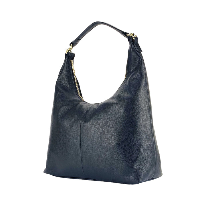 RB1017A | Soft women's shoulder bag in genuine leather Made in Italy with single handle and removable shoulder strap. Attachments with shiny gold metal snap hooks - Black color - Dimensions: 36 x 40 x 13 cm-4