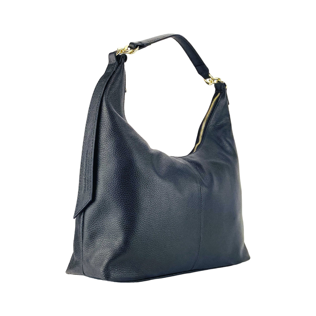 RB1017A | Soft women's shoulder bag in genuine leather Made in Italy with single handle and removable shoulder strap. Attachments with shiny gold metal snap hooks - Black color - Dimensions: 36 x 40 x 13 cm-5
