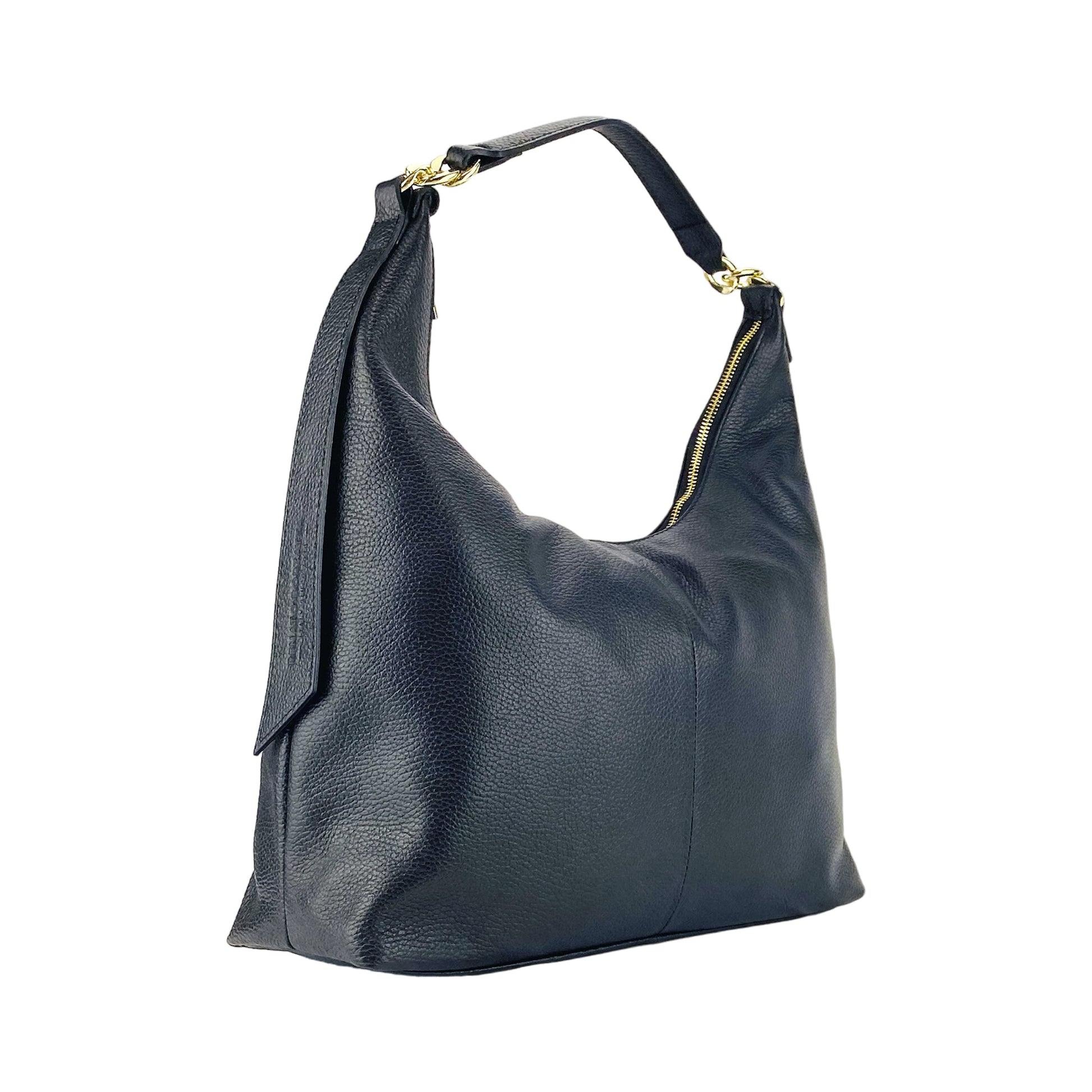 RB1017A | Soft women's shoulder bag in genuine leather Made in Italy with single handle and removable shoulder strap. Attachments with shiny gold metal snap hooks - Black color - Dimensions: 36 x 40 x 13 cm-5