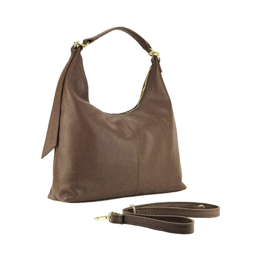 RB1017BV | Soft women's shoulder bag in genuine leather Made in Italy with single handle and removable shoulder strap. Attachments with shiny gold metal snap hooks - Chocolate color - Dimensions: 36 x 40 x 13 cm-0