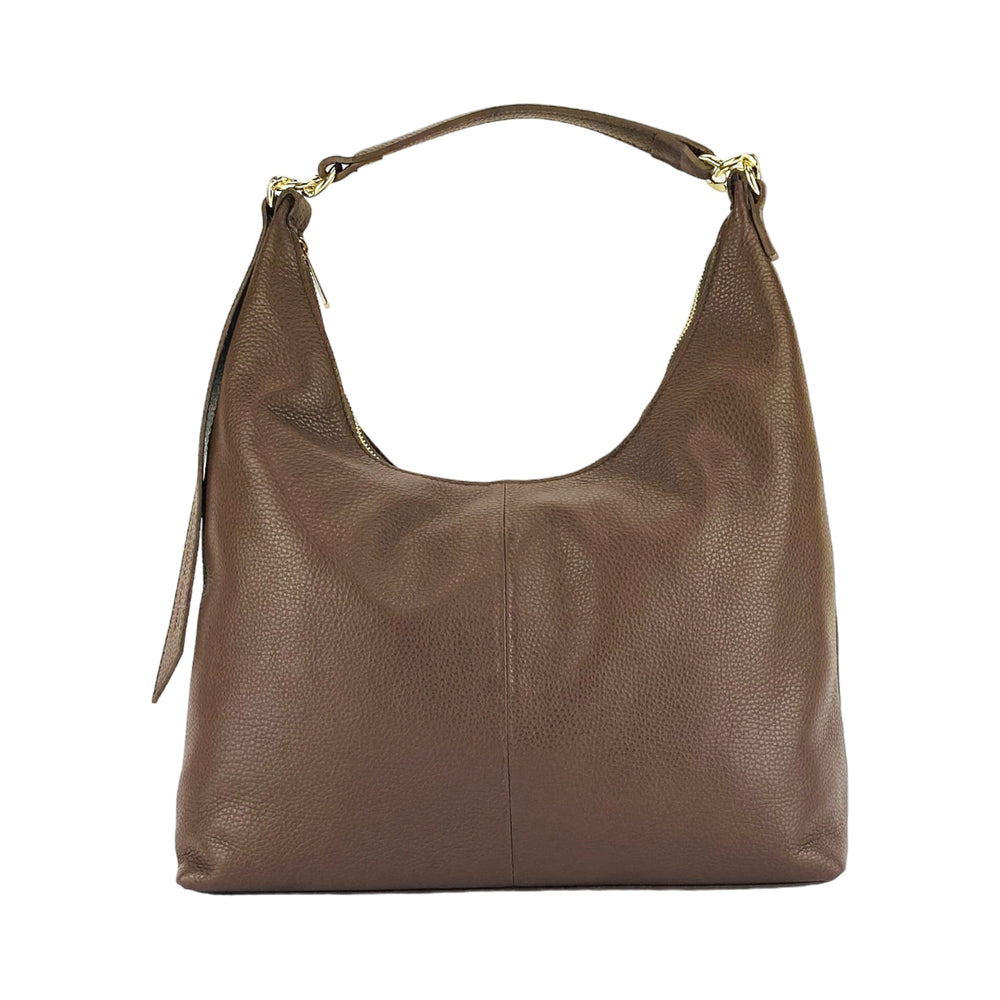 RB1017BV | Soft women's shoulder bag in genuine leather Made in Italy with single handle and removable shoulder strap. Attachments with shiny gold metal snap hooks - Chocolate color - Dimensions: 36 x 40 x 13 cm-1