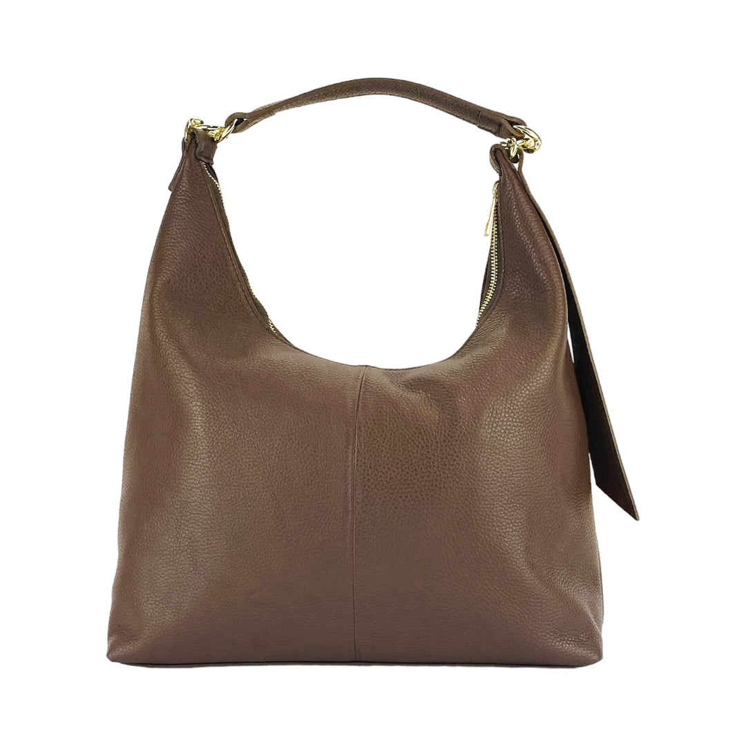RB1017BV | Soft women's shoulder bag in genuine leather Made in Italy with single handle and removable shoulder strap. Attachments with shiny gold metal snap hooks - Chocolate color - Dimensions: 36 x 40 x 13 cm-2