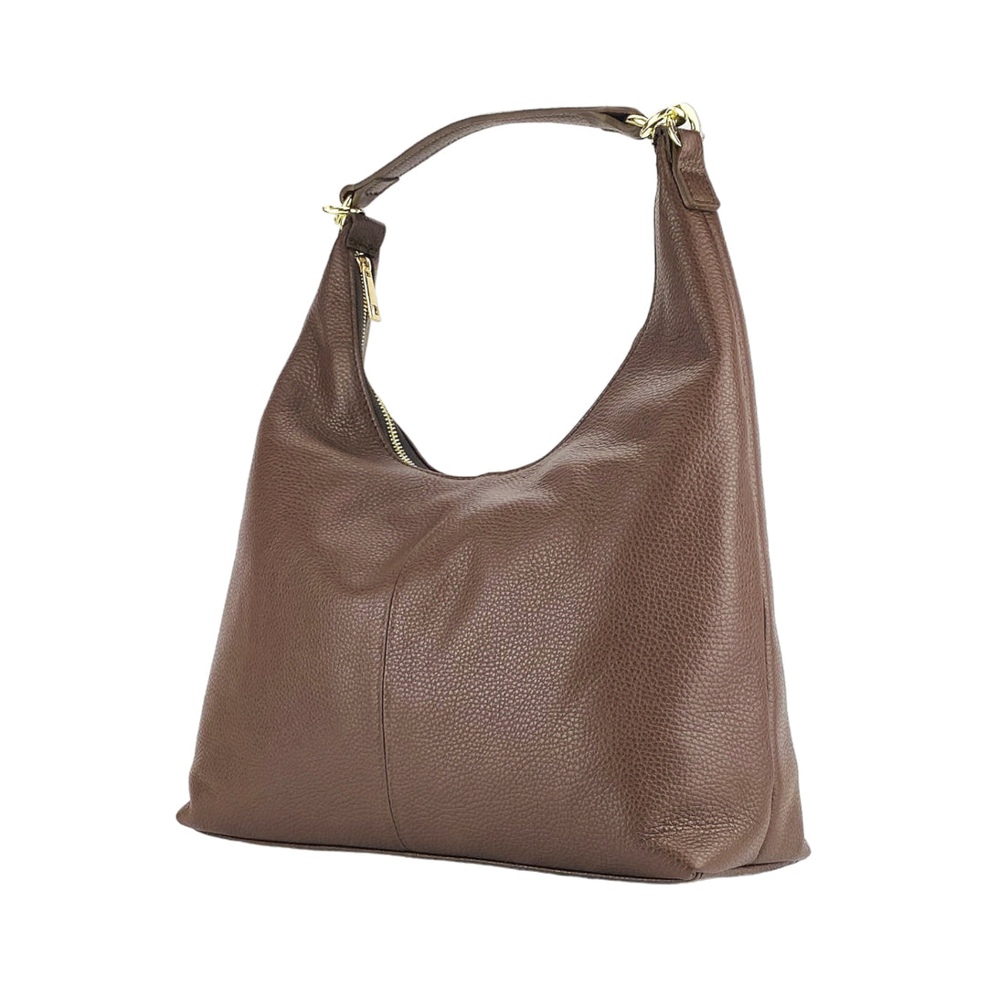 RB1017BV | Soft women's shoulder bag in genuine leather Made in Italy with single handle and removable shoulder strap. Attachments with shiny gold metal snap hooks - Chocolate color - Dimensions: 36 x 40 x 13 cm-4