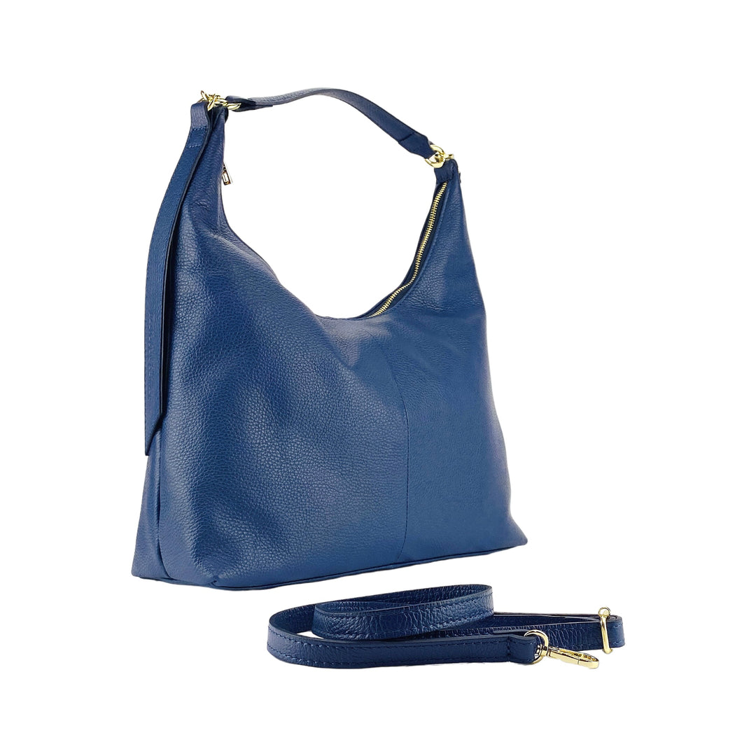RB1017D | Soft women's shoulder bag in genuine leather Made in Italy with single handle and removable shoulder strap. Attachments with shiny gold metal snap hooks - Blue color - Dimensions: 36 x 40 x 13 cm-0