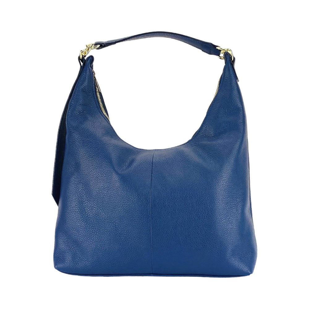 RB1017D | Soft women's shoulder bag in genuine leather Made in Italy with single handle and removable shoulder strap. Attachments with shiny gold metal snap hooks - Blue color - Dimensions: 36 x 40 x 13 cm-1