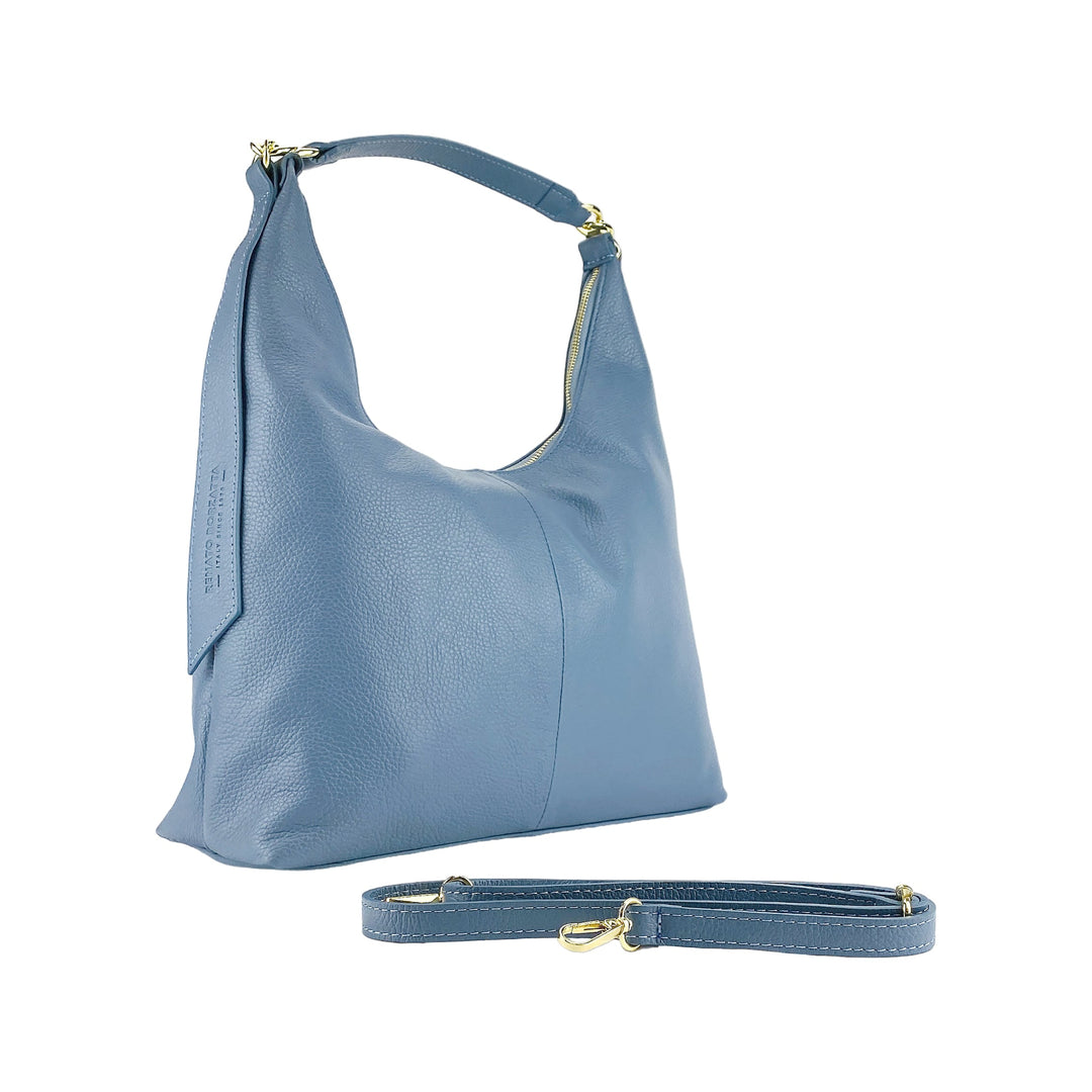 RB1017P | Soft women's shoulder bag in genuine leather Made in Italy with removable shoulder strap. Attachments with shiny gold metal snap hooks - Avio color - Dimensions: 36 x 40 x 13 cm-0