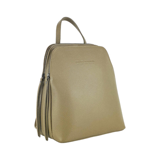 RB1018AQ | Genuine Leather Double Compartment Women's Backpack Made in Italy with adjustable shoulder straps. Gunmetal metal accessories - Taupe color - Dimensions: 26 x 30 x 14.5 cm-0
