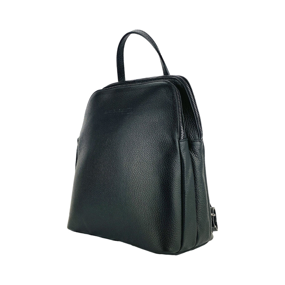 RB1018A | Genuine Leather Double Compartment Women's Backpack Made in Italy with adjustable shoulder straps. Gunmetal metal accessories - Black color - Dimensions: 26 x 30 x 14.5 cm-1