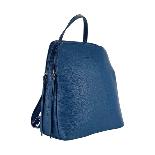 RB1018D | Genuine Leather Double Compartment Women's Backpack Made in Italy with adjustable shoulder straps. Gunmetal metal accessories - Blue color - Dimensions: 26 x 30 x 14.5 cm-0