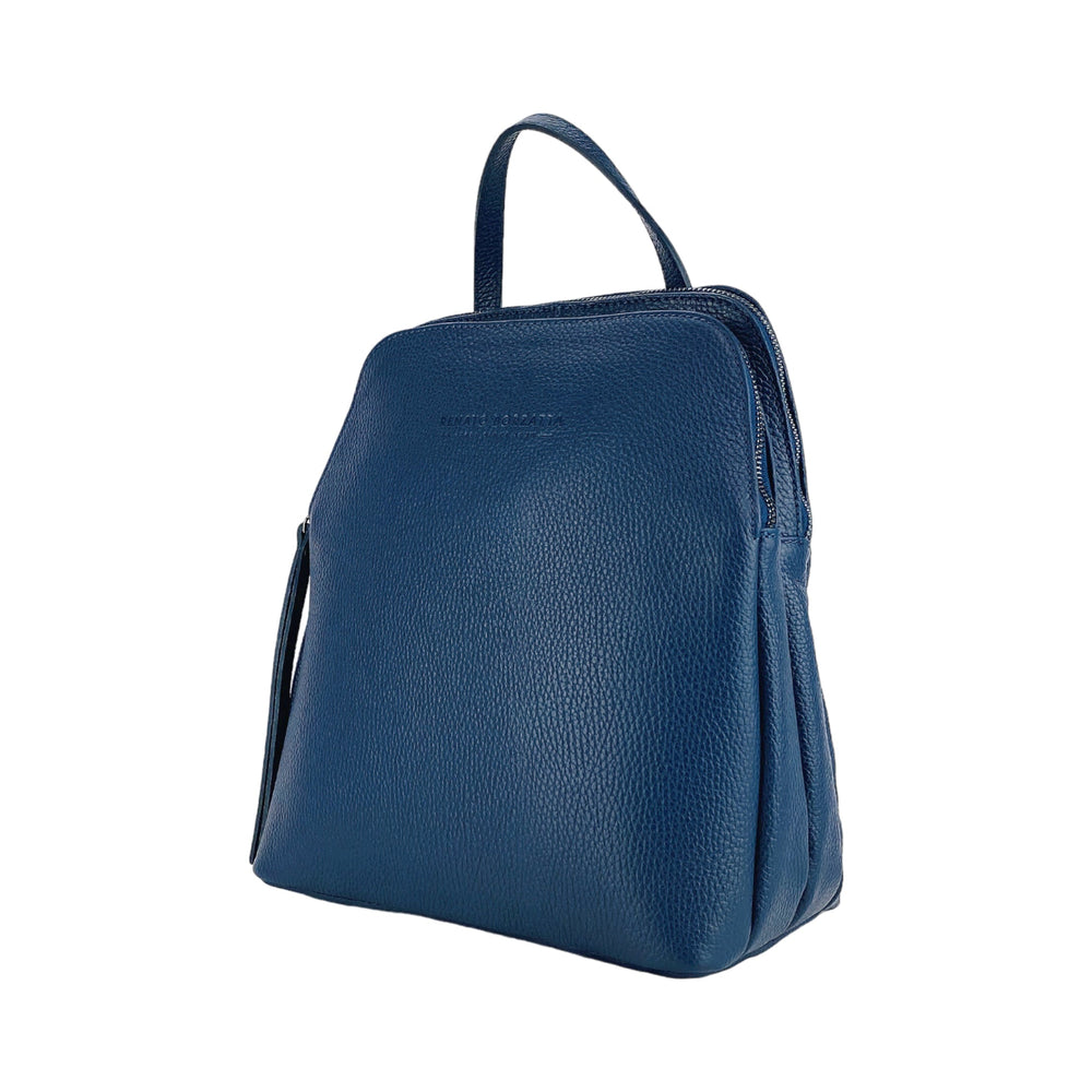 RB1018D | Genuine Leather Double Compartment Women's Backpack Made in Italy with adjustable shoulder straps. Gunmetal metal accessories - Blue color - Dimensions: 26 x 30 x 14.5 cm-1