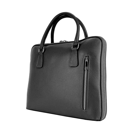 RB1019A | Unisex Business Briefcase in Genuine Leather Made in Italy with removable shoulder strap. Attachments with shiny nickel metal snap hooks - Black color - Dimensions: 37 x 29 x 6.5 cm-0