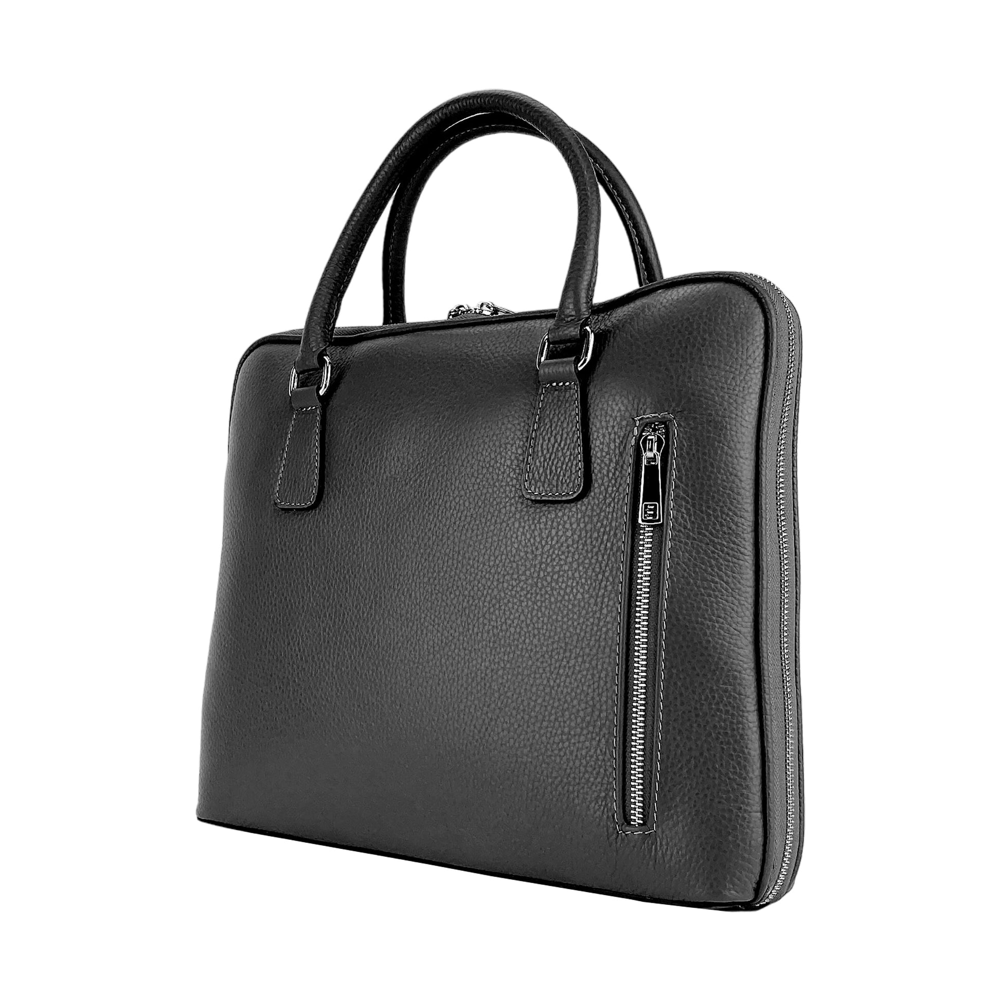 RB1019A | Unisex Business Briefcase in Genuine Leather Made in Italy with removable shoulder strap. Attachments with shiny nickel metal snap hooks - Black color - Dimensions: 37 x 29 x 6.5 cm-0