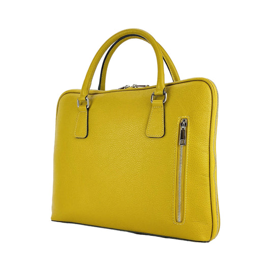 RB1019AR | Unisex Business Briefcase in Genuine Leather Made in Italy with removable shoulder strap. Attachments with shiny nickel metal snap hooks - Mustard color - Dimensions: 37 x 29 x 6.5 cm-0