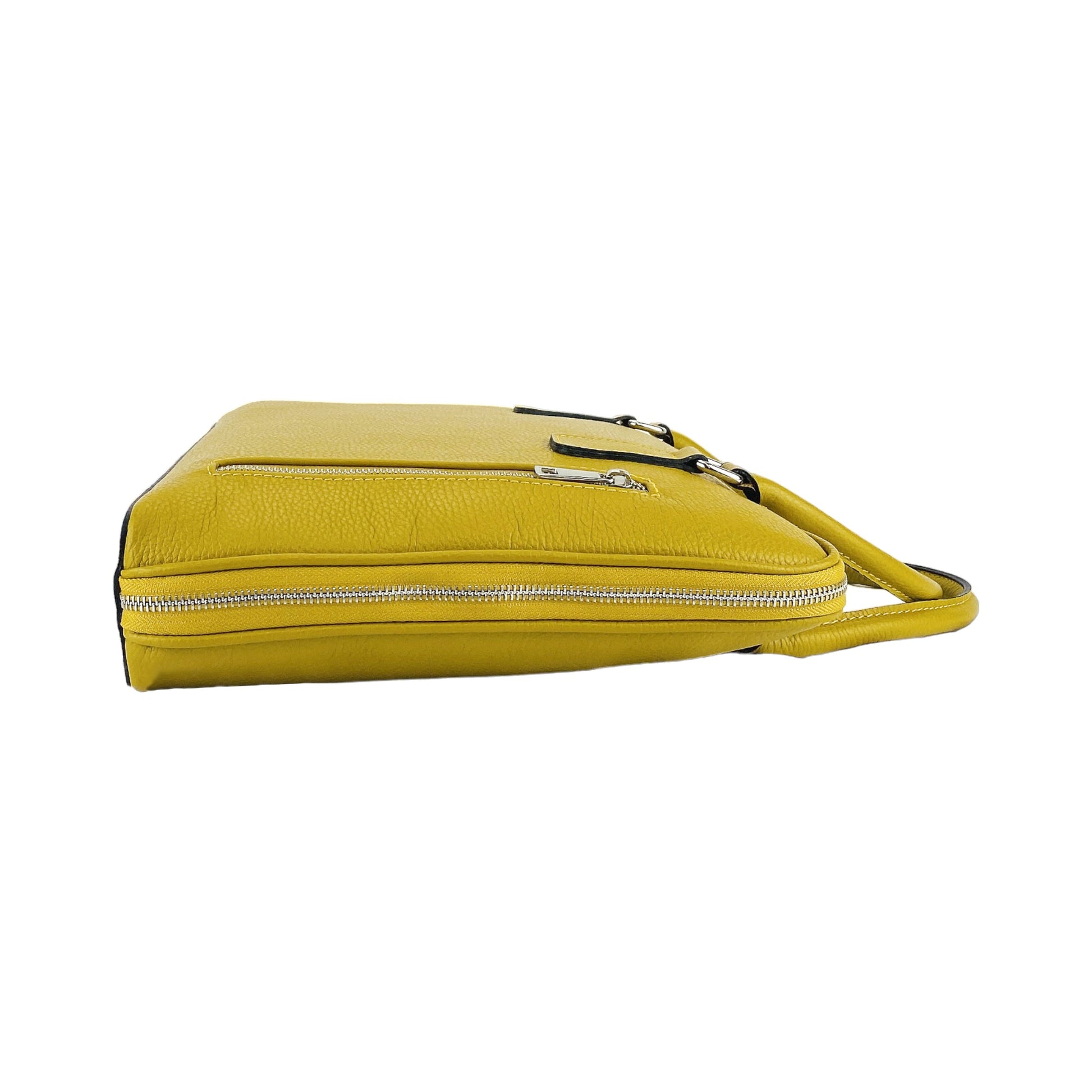 RB1019AR | Unisex Business Briefcase in Genuine Leather Made in Italy with removable shoulder strap. Attachments with shiny nickel metal snap hooks - Mustard color - Dimensions: 37 x 29 x 6.5 cm-2