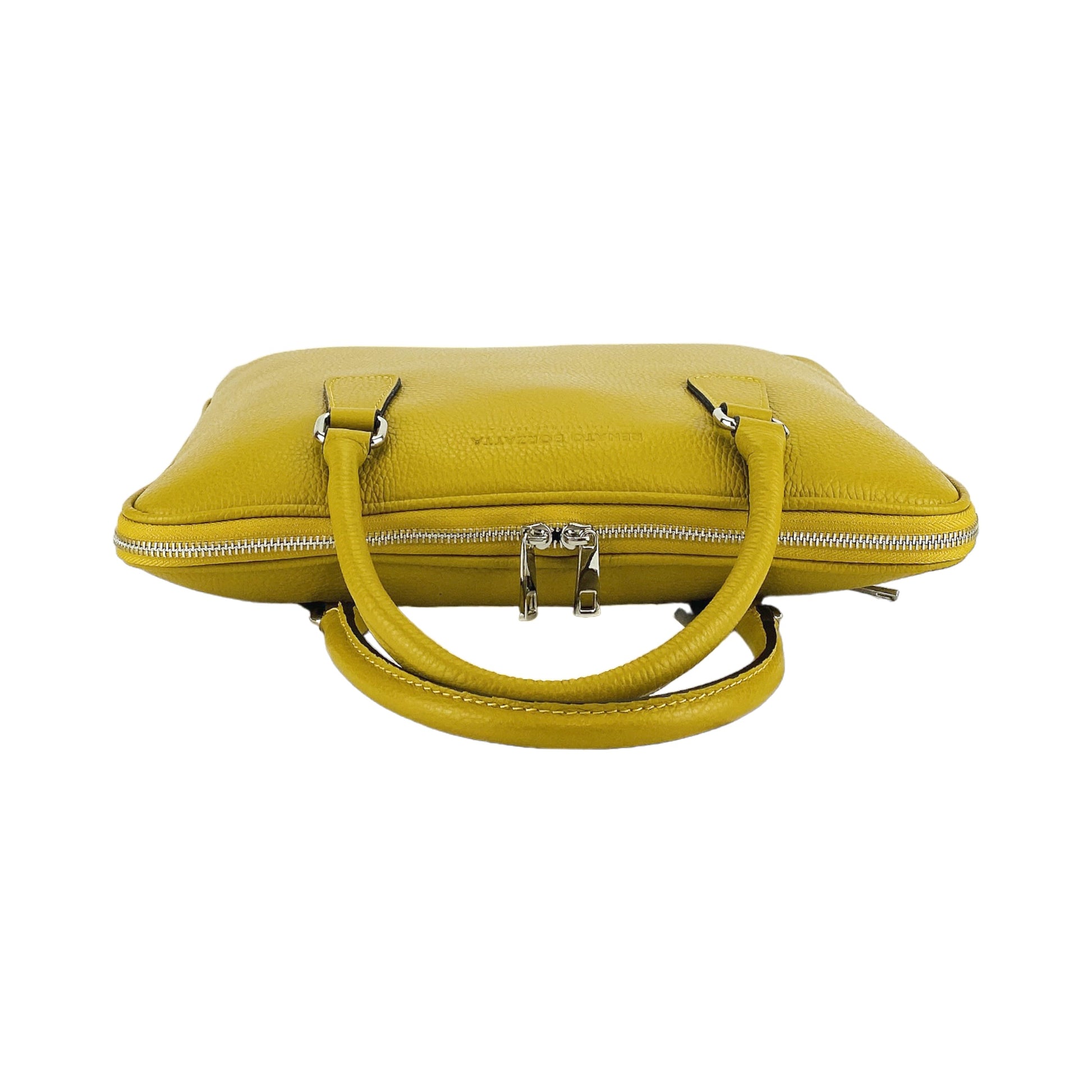 RB1019AR | Unisex Business Briefcase in Genuine Leather Made in Italy with removable shoulder strap. Attachments with shiny nickel metal snap hooks - Mustard color - Dimensions: 37 x 29 x 6.5 cm-3