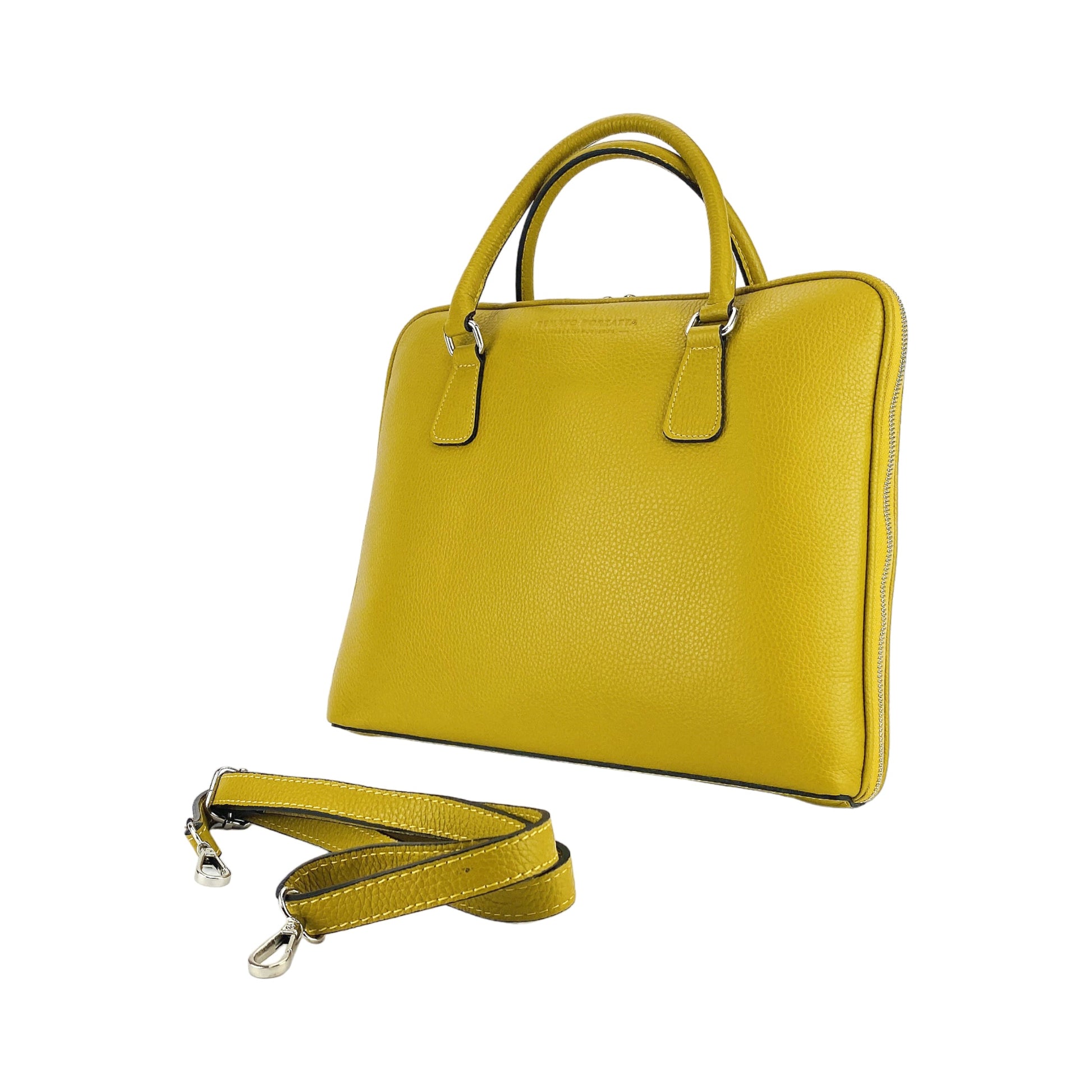 RB1019AR | Unisex Business Briefcase in Genuine Leather Made in Italy with removable shoulder strap. Attachments with shiny nickel metal snap hooks - Mustard color - Dimensions: 37 x 29 x 6.5 cm-4