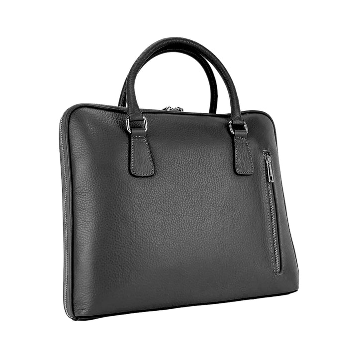 RB1019A | Unisex Business Briefcase in Genuine Leather Made in Italy with removable shoulder strap. Attachments with shiny nickel metal snap hooks - Black color - Dimensions: 37 x 29 x 6.5 cm-1