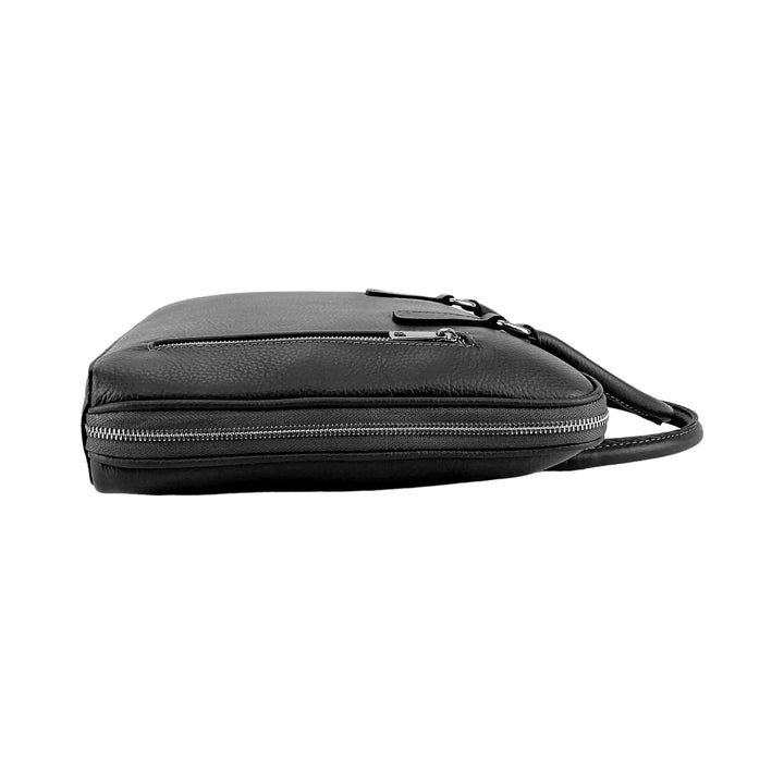 RB1019A | Unisex Business Briefcase in Genuine Leather Made in Italy with removable shoulder strap. Attachments with shiny nickel metal snap hooks - Black color - Dimensions: 37 x 29 x 6.5 cm-2