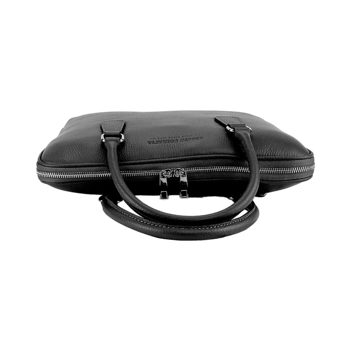 RB1019A | Unisex Business Briefcase in Genuine Leather Made in Italy with removable shoulder strap. Attachments with shiny nickel metal snap hooks - Black color - Dimensions: 37 x 29 x 6.5 cm-3