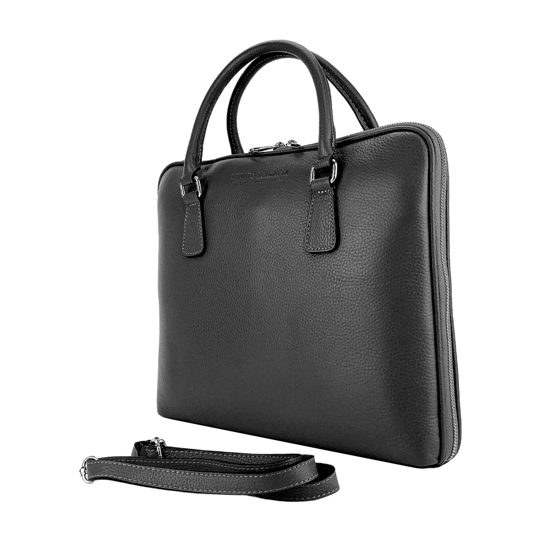 RB1019A | Unisex Business Briefcase in Genuine Leather Made in Italy with removable shoulder strap. Attachments with shiny nickel metal snap hooks - Black color - Dimensions: 37 x 29 x 6.5 cm-4