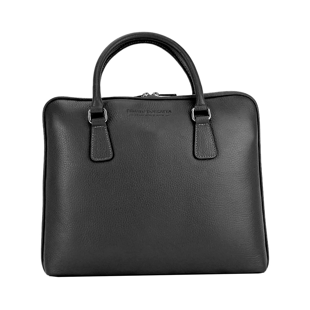 RB1019A | Unisex Business Briefcase in Genuine Leather Made in Italy with removable shoulder strap. Attachments with shiny nickel metal snap hooks - Black color - Dimensions: 37 x 29 x 6.5 cm-5