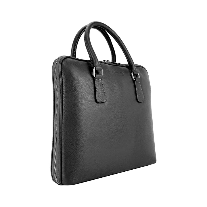 RB1019A | Unisex Business Briefcase in Genuine Leather Made in Italy with removable shoulder strap. Attachments with shiny nickel metal snap hooks - Black color - Dimensions: 37 x 29 x 6.5 cm-6