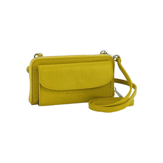 RB1020AR | P/Fogli Woman with Made in Italy Genuine Leather mobile phone holder with removable shoulder strap. Attachments with shiny nickel metal snap hooks. Mustard colour. Dimensions: 19.5 x 11 x 5 cm-0