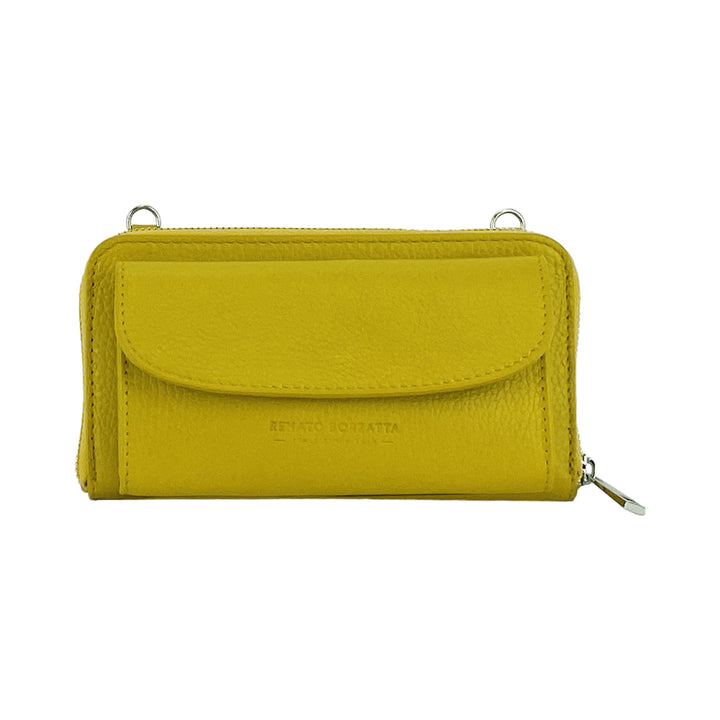 RB1020AR | P/Fogli Woman with Made in Italy Genuine Leather mobile phone holder with removable shoulder strap. Attachments with shiny nickel metal snap hooks. Mustard colour. Dimensions: 19.5 x 11 x 5 cm-1