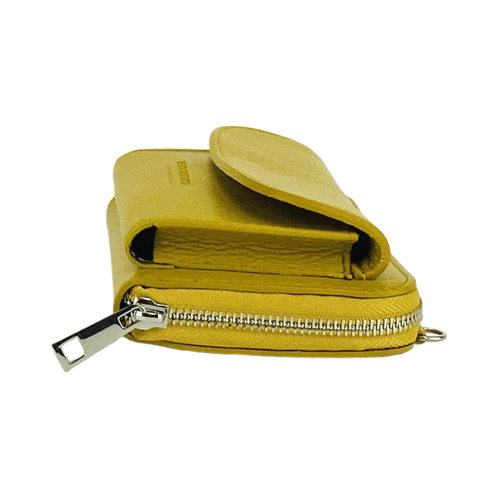RB1020AR | P/Fogli Woman with Made in Italy Genuine Leather mobile phone holder with removable shoulder strap. Attachments with shiny nickel metal snap hooks. Mustard colour. Dimensions: 19.5 x 11 x 5 cm-3