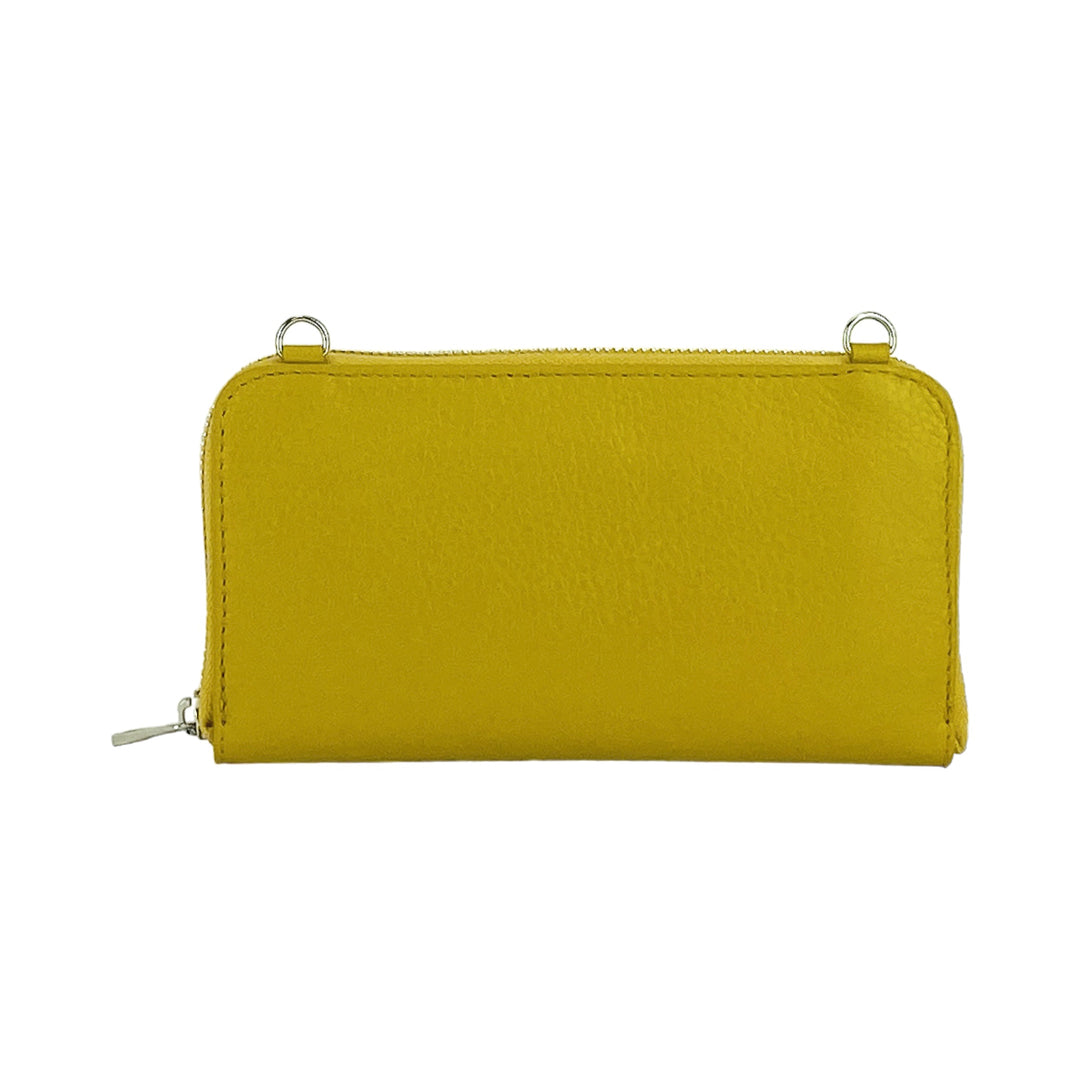 RB1020AR | P/Fogli Woman with Made in Italy Genuine Leather mobile phone holder with removable shoulder strap. Attachments with shiny nickel metal snap hooks. Mustard colour. Dimensions: 19.5 x 11 x 5 cm-4