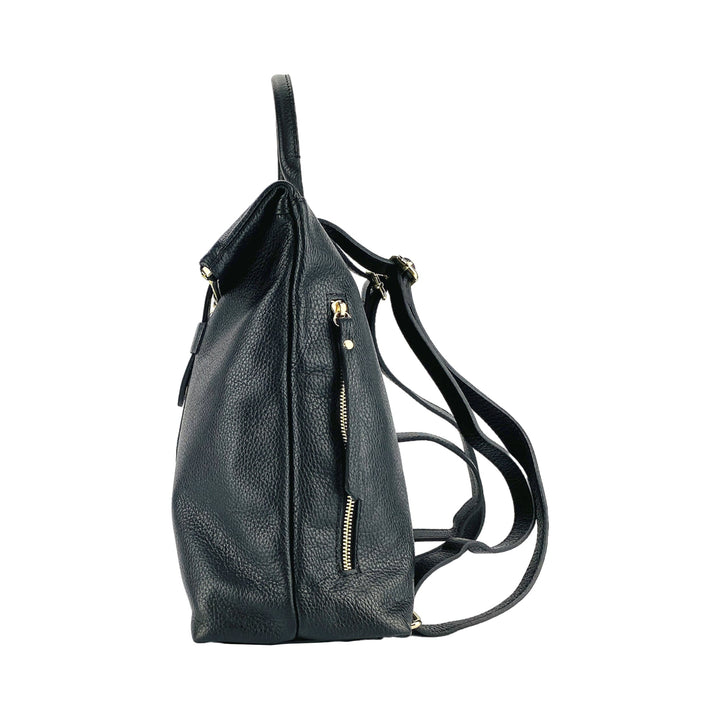 RB1021A | Soft women's backpack in genuine leather Made in Italy with adjustable shoulder straps. Zipper and accessories in shiny gold metal - Black color - Dimensions: 30 x 34 x 10.5 cm-5