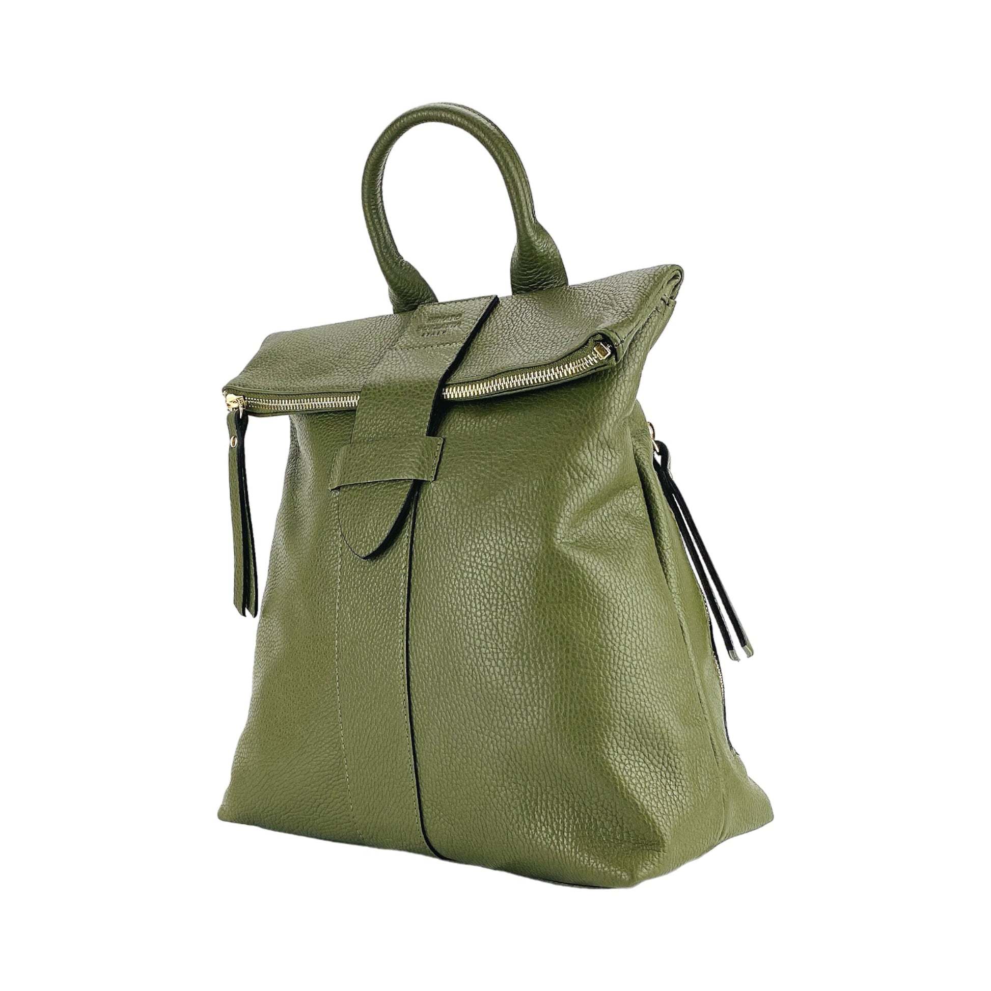 RB1021E | Soft women's backpack in genuine leather Made in Italy with adjustable shoulder straps. Zipper and accessories in shiny gold metal - Green color - Dimensions: 30 x 34 x 10.5 cm-1
