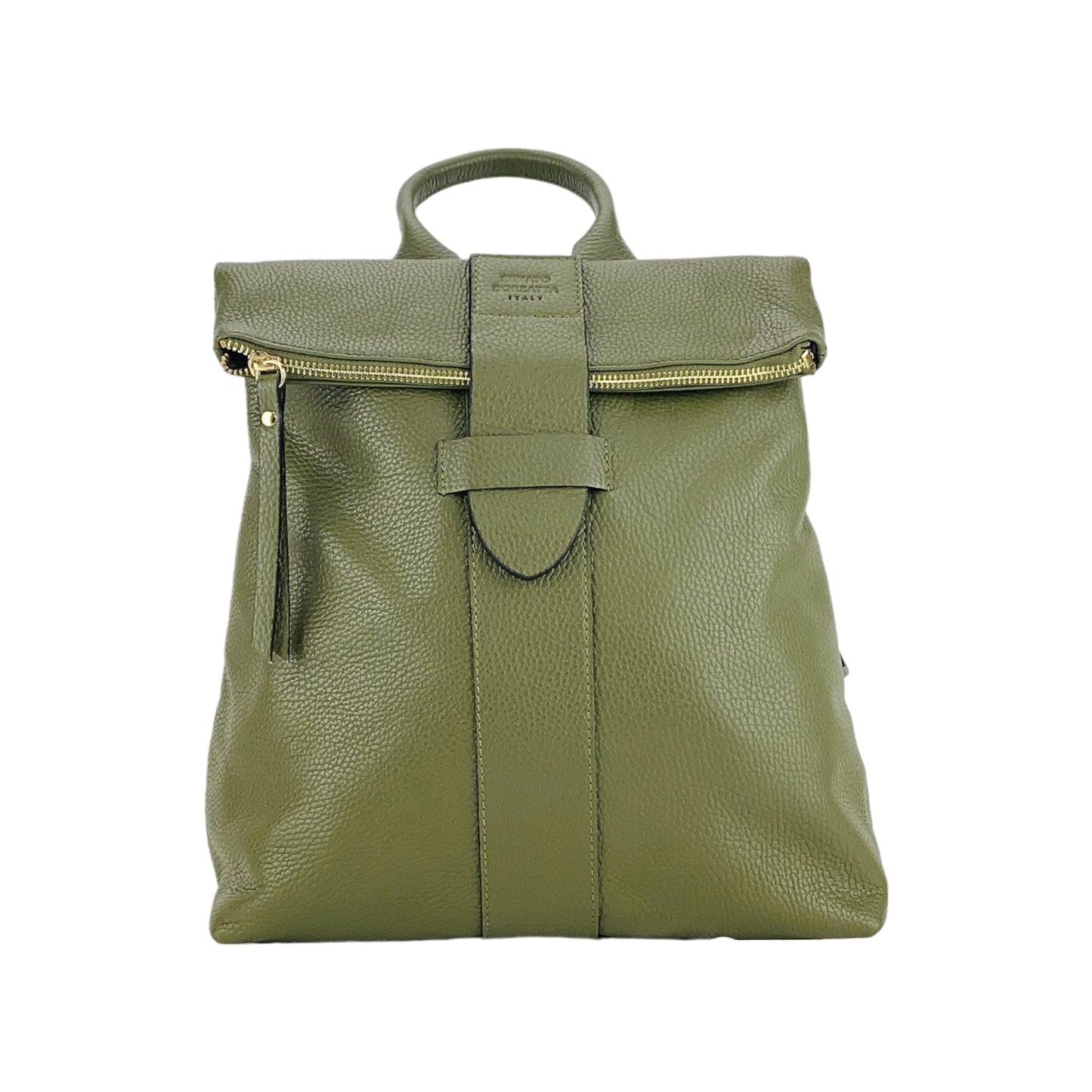 RB1021E | Soft women's backpack in genuine leather Made in Italy with adjustable shoulder straps. Zipper and accessories in shiny gold metal - Green color - Dimensions: 30 x 34 x 10.5 cm-2