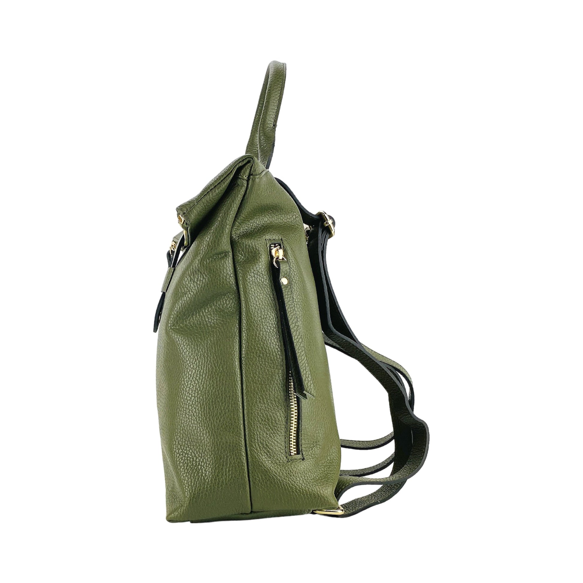 RB1021E | Soft women's backpack in genuine leather Made in Italy with adjustable shoulder straps. Zipper and accessories in shiny gold metal - Green color - Dimensions: 30 x 34 x 10.5 cm-5